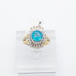 Paraiba Tourmaline Ring, CZ Diamond Gemstone Ring, Halo Solitaire Baguette Ring
